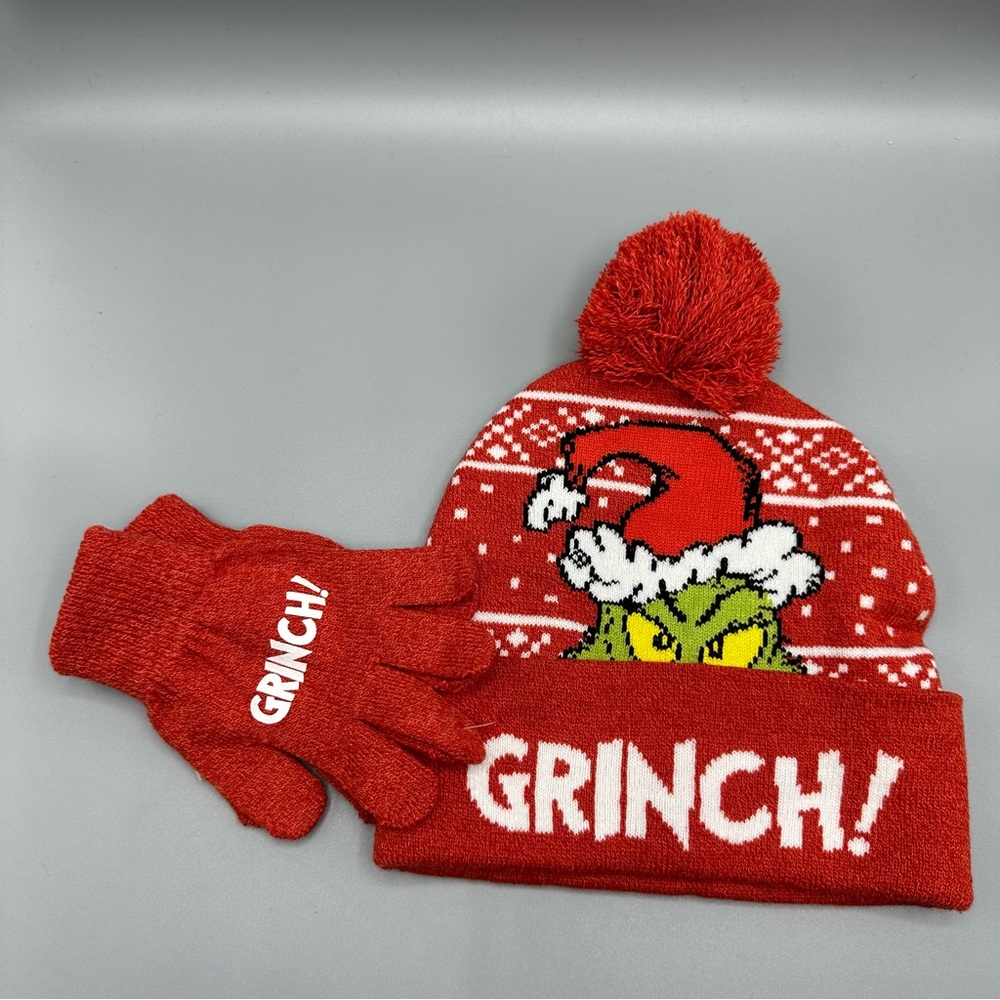 Dr. Seuss The Grinch Youth Kids Knit Pom Beanie Hat & Gloves One Size Red Green